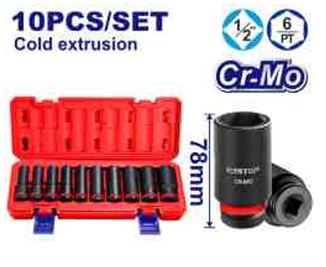 10 Pcs 1/2" Deep Impact Socket Set CrMo 10–24mm 78mm Length in BMC